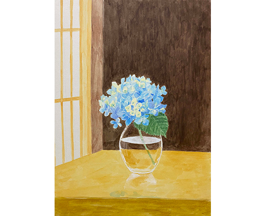 ガラスの花瓶とあじさい　H260mm×W190mm  / アクリル絵具